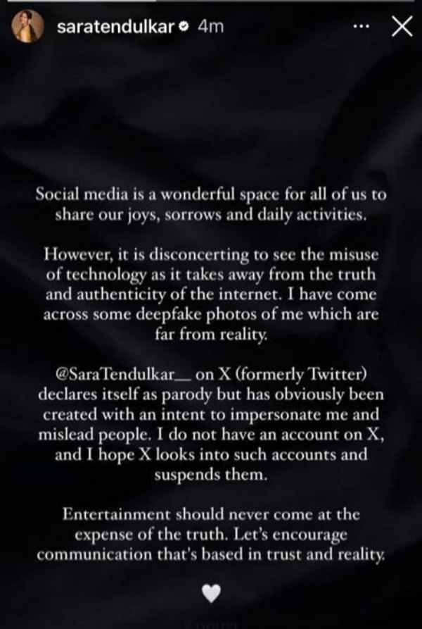 Sachin Tendulkar Daughter Sara Tendulkar issued a statement regarding Deep Fake photos in X social media 