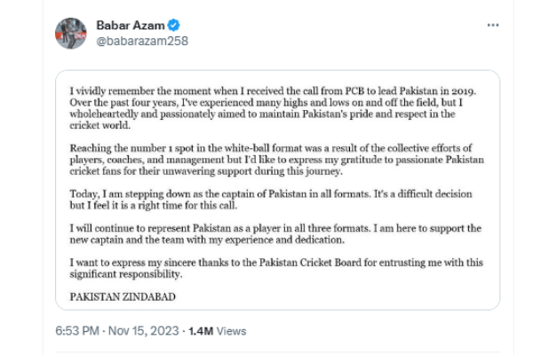 Babar Azam stepped down as Pakistan captain from all-formats after the lost in ICC 50 Over World Cup 2023 
