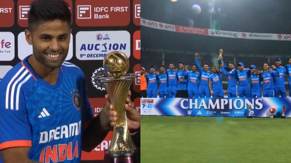 INDIA vs AUSTRALIA: Suryakumar Yadav handed over the Trophy to Rinku Singh and Jitesh Sharma at Bangalore 