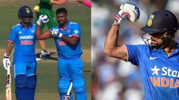 IND vs SA : Sanju Samson imitates Virat Kohli with the Biceps Celebration after hitting a century against South Africa IND vs SA : Sanju Samson imitates Virat Kohli with the Biceps Celebration after hitting a century against South Africa