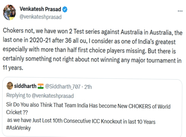 IND vs SA TEST : India team is Not Chokers, But something is not right about not winning icc tournaments says Venkatesh Prasad 