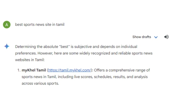 Gemini AI : Best Sports site in Tamil - Gemini chose Mykhel Tamil 