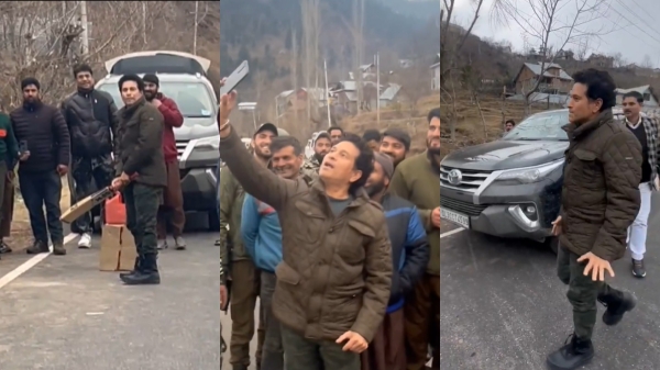 Sachin Tendulkar playing cricket with some youngsters in the middle of the road in Kashmir 