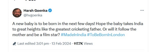 Harsh Goenka cryptic tweet about Virat Kohli and Anushka Sharma 2nd Child to be born in London 