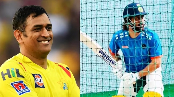 IPL 2024 : MS Dhoni promotes his childhood friend sports shop sticker on his bat during practice 