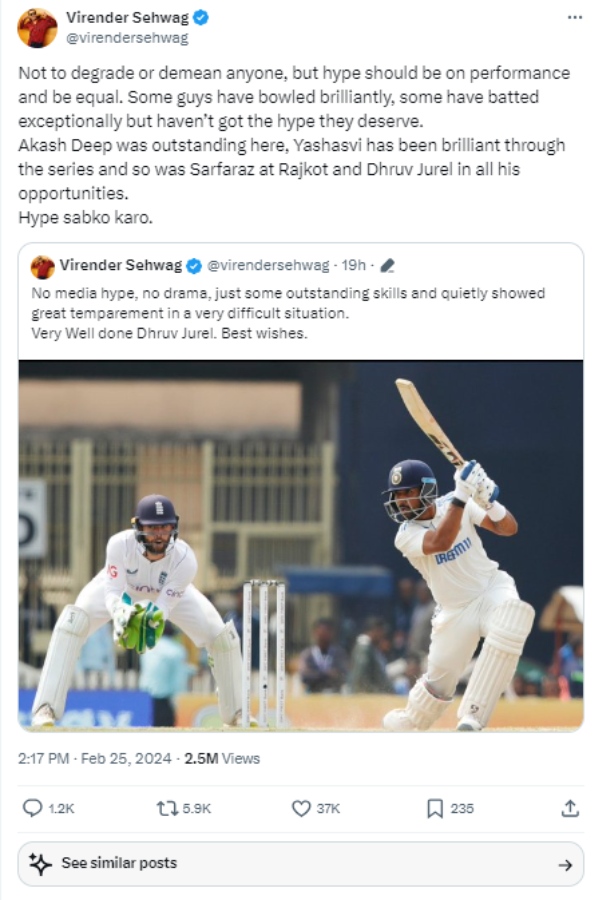 IND vs ENG : Virender Sehwag clarifies about Dhruv Jurel appreciation tweet regarding Media hype on Sarfaraz Khan 