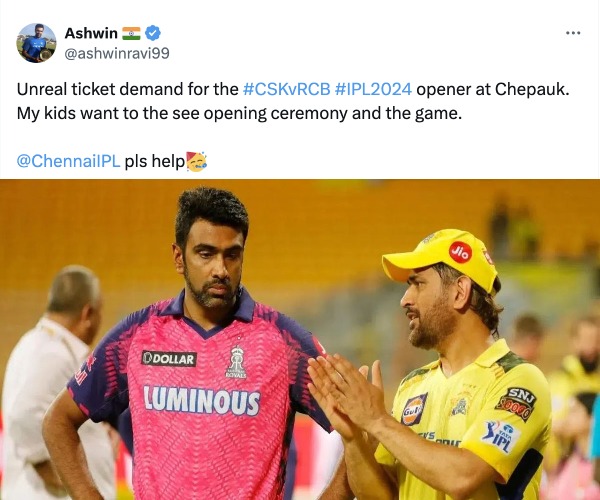 CSK vs RCB Ravichandran Ashwin tweets Heavy ticket demand for the CSK vs RCB Match at Chepauk and asked help for the tickets