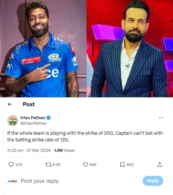 IPL 2024 SRH vs MI Why Can t a Captain Hardik Pandya batting with a Strike rate of 200 Questions Irfan Pathan