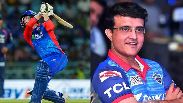 IPL 2024 GT vs DC Match Sourav Ganguly shaking his head and smiling after Jake Fraser hits down a six of the first ball against Gujarat Titans