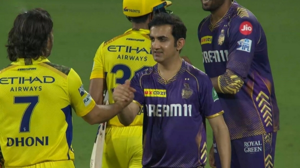 IPL 2024 CSK vs KKR MS Dhoni and Gautam Gambhir hugging each other after the match between CSK vs KKR Match