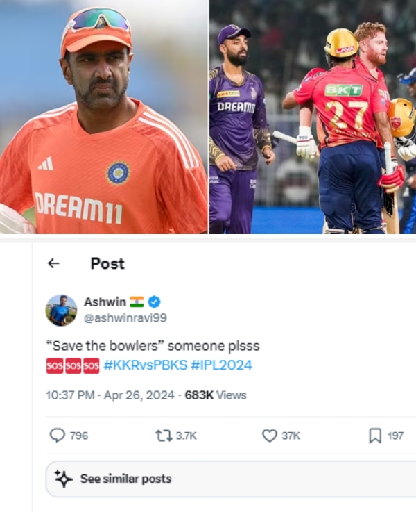IPL 2024 KKR vs PBKS Match Ravichandran Ashwin tweets Someone pls save the bowlers after Punjab won by 8 wickets against Kolkata
