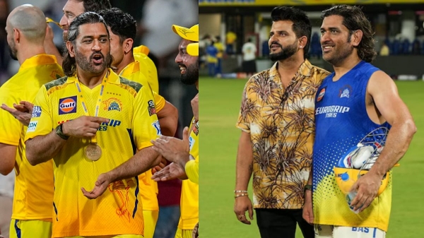 IPL 2024 CSK vs RR - MS Dhoni hugs suresh raina in final league game at chepauk