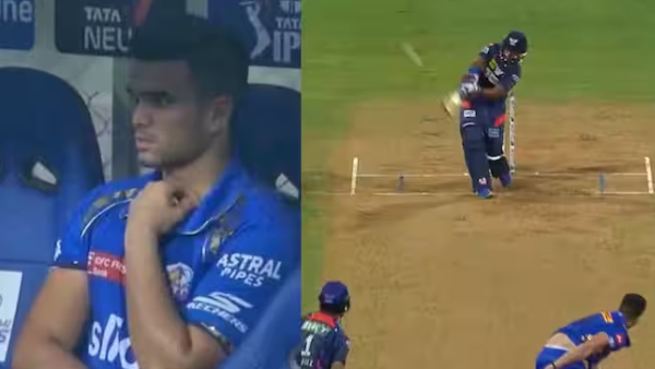 IPL 2024 MI vs LSG Arjun Tendulkar walked out from the field after Pooran hits 2 consecutive sixes in 2 full toss