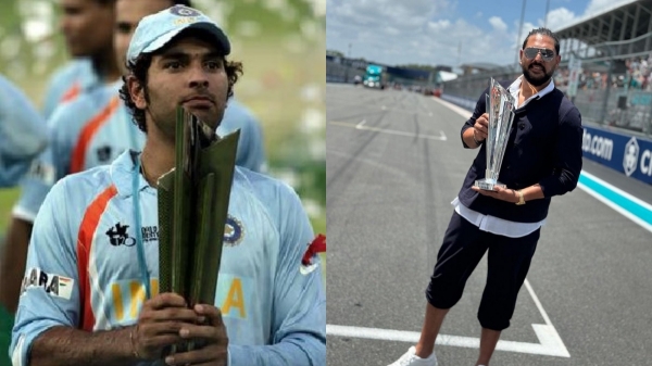 T20 World Cup 2024 Yuvraj Singh poses with the T20 World Cup 2024 at the Miami event