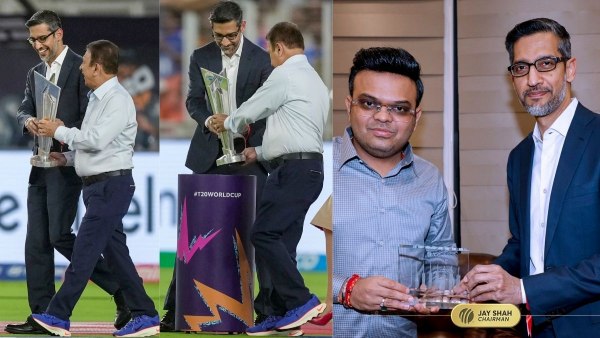 IND vs SA Google CEO Sundar Pichai Meets Legend Sunil Gavaskar at Ahmedabad During IND vs SA World Cup match