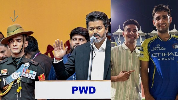 CSK Star Anshul Kamboj Meets Policeman Lookalike from CM Vijay s Swearing-in Ceremony
