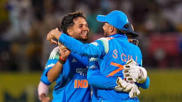 Harsh Dubey bowling for India against Afghanistan