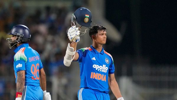 Yashasvi Jaiswal celebrating his historic ODI century record Yashasvi Jaiswal celebrating his historic ODI century record