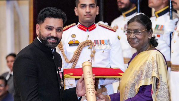 Rohit Sharma receiving the prestigious Padma Shri award Rohit Sharma receiving the prestigious Padma Shri award