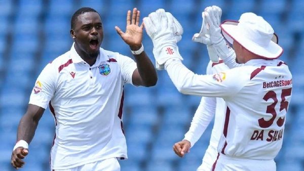 West Indies players celebrating winning the Test match