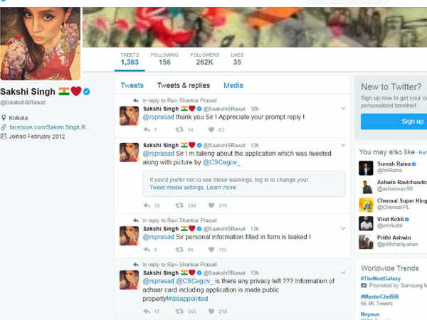 Dhoni's Aadhaar details leaked, Wife Sakshi Complains to Ravi Shankar Prasad