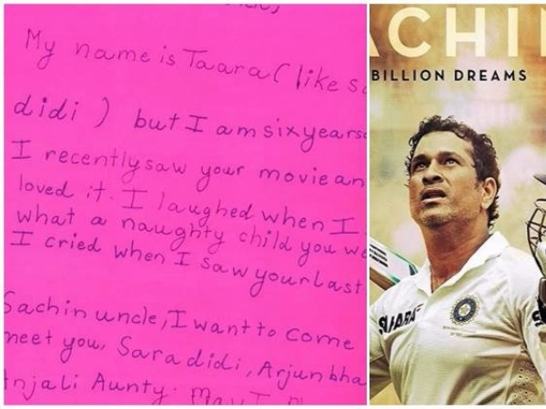 A six-year-old kid loves Sachin: A Billion Dreams, writes sweet note to Sachin Tendulkar A six-year-old kid loves Sachin: A Billion Dreams, writes sweet note to Sachin Tendulkar