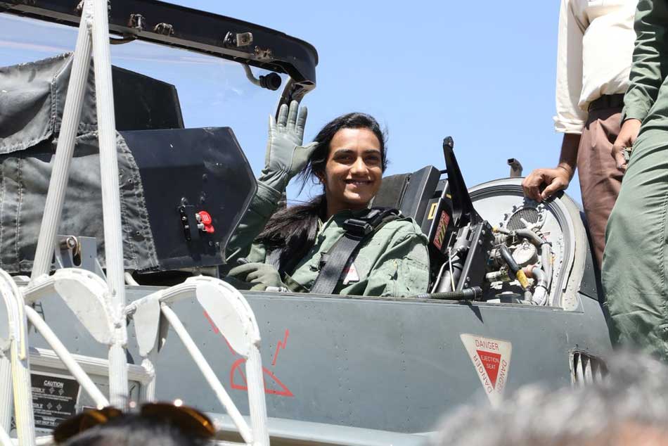PV Sindhu Flies Indigenous Combat Aircraft Tejas at Bengaluru Air Show PV Sindhu Flies Indigenous Combat Aircraft Tejas at Bengaluru Air Show