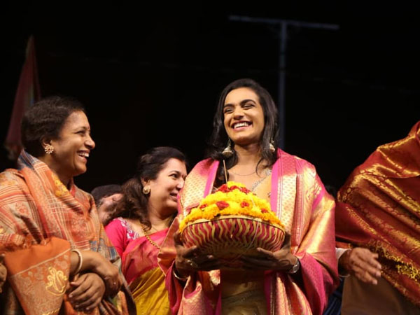 PV Sindhu celebrates Telangana festival Bathukamma in Hyderabad