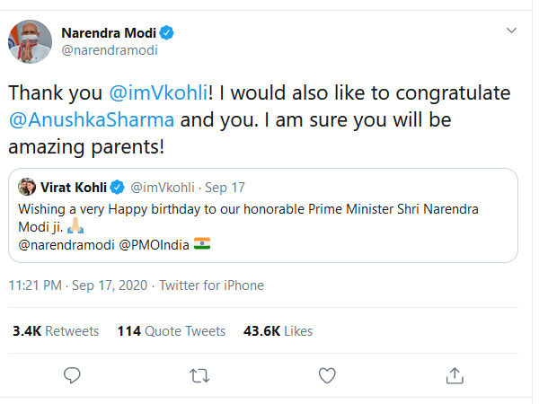 PM Narendra Modi wishes Virat Kohli and Anushka Sharma after the Indian captain’s birthday wish