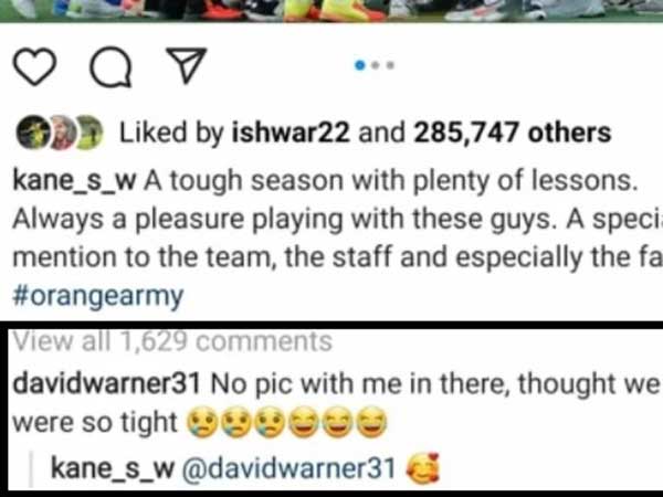 David Warner reacts after Kane Williamson posts an SRH team picture without the Aussie in it