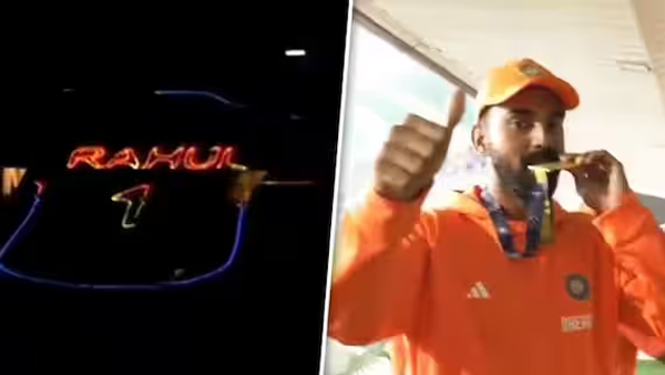 World Cup 2023: LEDs displaying KL Rahuls jersey for his second Fielder of Match award in IND vs ENG