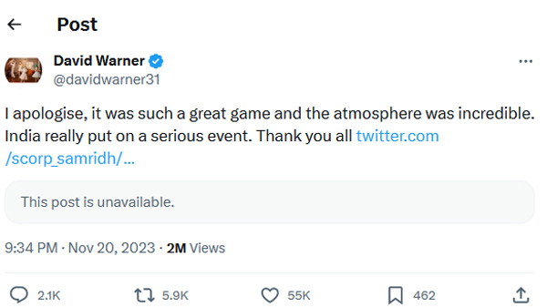  World Cup Final INDvsAUS David Warner apologises for breaking a billion hearts