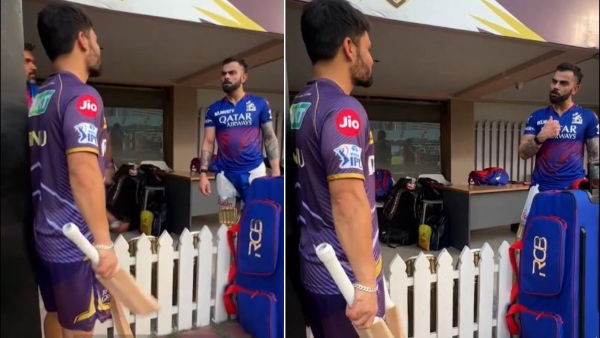 IPL 2024 KKR vs RCB Rinku Singh is seen pleading with Virat Kohli to give him a new bat