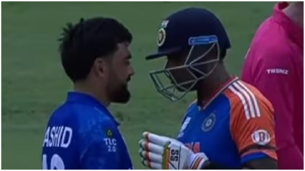 IND vs AFG Rashid Khan walks up to Suryakumar Yadav after India batter sweeps him for four six