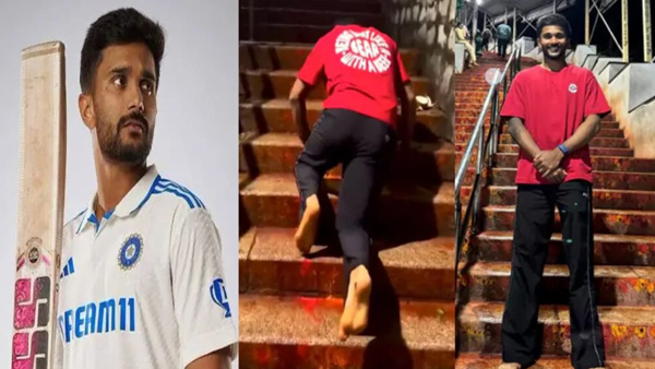 cricketer Nitish Kumar Reddy visit Tirupati temple lord venkateswara by climbing stairs