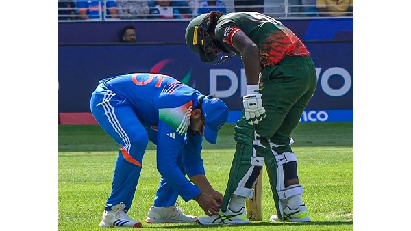 Rohith Sharma Sportsmanship tied shoe laces of jaker Ali in IND VS BAN match champions trophy 2025