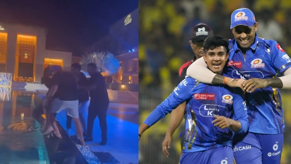 Rohit Sharma Tilak Varma Suryakumar Yadav throwing someone into the swimming pool Video Goes Viral