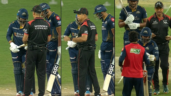 IPL 2026 Drama Umpires Halt Play as Rahul Tewatia Bat Fails Size Regulations During PBKS vs GT Clash Video