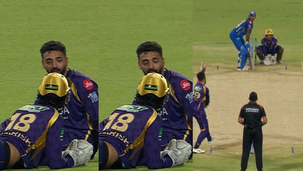 KKR vs MI Varun Chakaravarthy Angry on Angkrish for Dropping Tilak Varma Catch Video Goes Viral