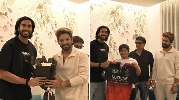 RCB Star Venkatesh Iyer Meets Icon Star Allu Arjun Gifts Signed Jersey to His Son Allu Ayaan