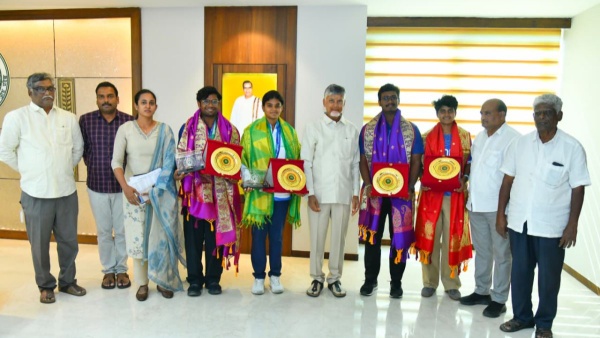 Asian Games 2026 Medal Winners Shree Charani Dheeraj Jyothi and Ganesh Meet AP CM Chandrababu Naidu Asian Games 2026 Medal Winners Shree Charani Dheeraj Jyothi and Ganesh Meet AP CM Chandrababu Naidu