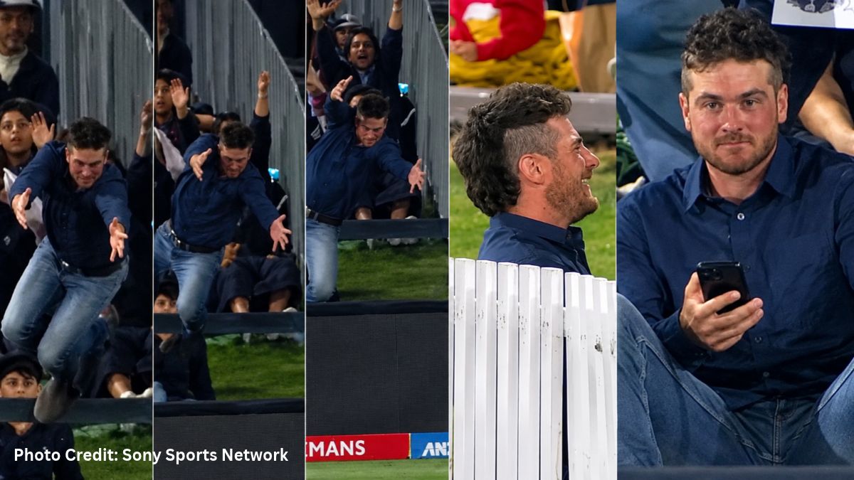 A spectator Attempt to Catch Glenn Phillips Six Ends in a Funny Fall During India vs New Zealand T20I A spectator Attempt to Catch Glenn Phillips Six Ends in a Funny Fall During India vs New Zealand T20I